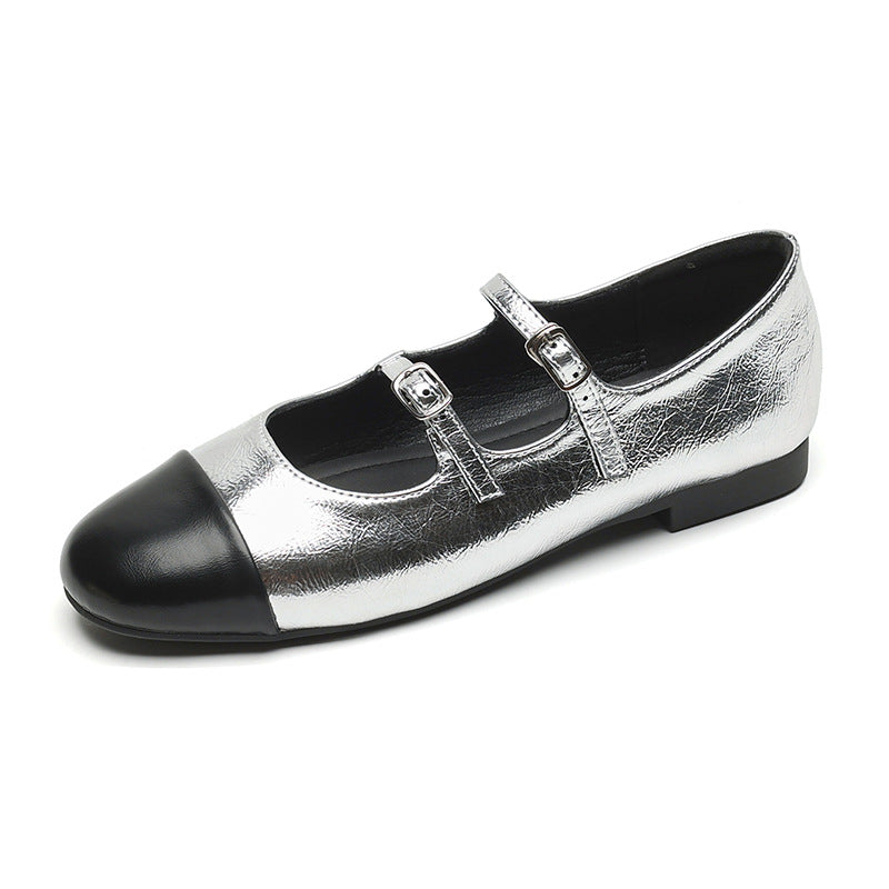Damen Ballerinas mit doppeltem Riemen und metallic Obermaterial