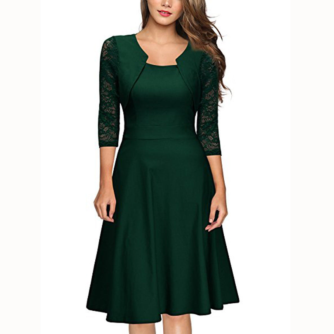 Damen Midi-Kleid mit Spitzenärmeln und schwingendem Rock R&B