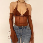Damen Crop-Top mit transparentem Design und raffinierten Rüschenärmeln R&B