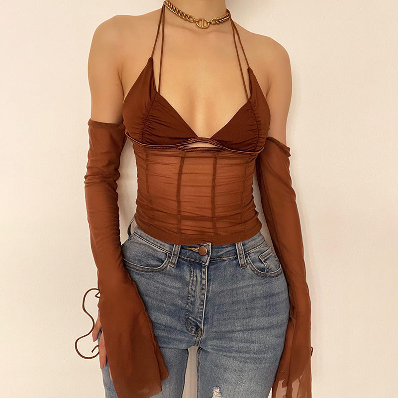 Damen Crop-Top mit transparentem Design und raffinierten Rüschenärmeln R&B