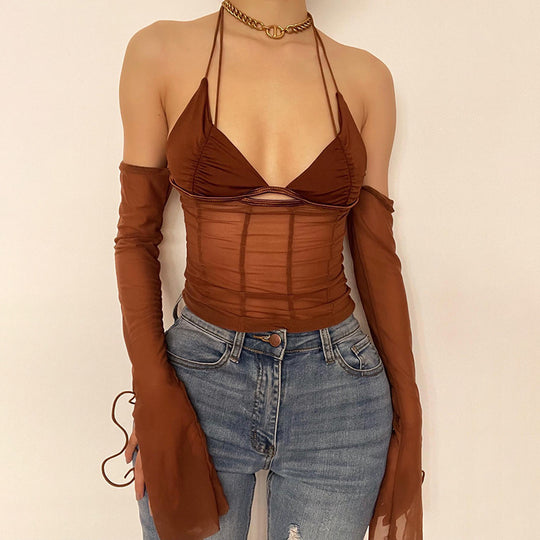 Damen Crop-Top mit transparentem Design und raffinierten Rüschenärmeln R&B