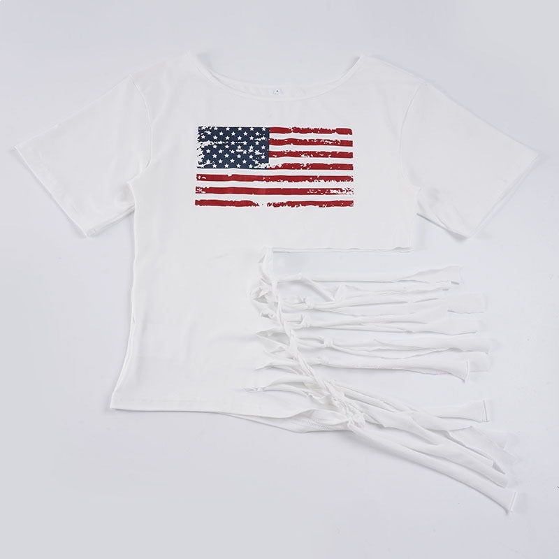 Damen Crop-Top mit Flaggenmotiv und raffinierten Fransen R&B