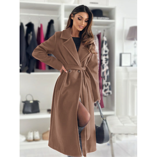 Damen eleganter taillierter Trenchcoat mit geschlossenem Kragen und Gürtel R&B