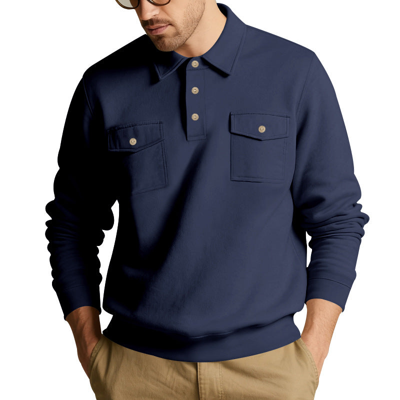 Herren nan Polokragen Sweatshirt mit aufgesetzten Brusttaschen und gerippten Bündchen R&B