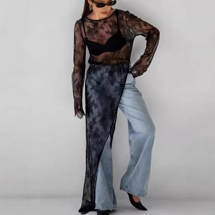 Damen transparente Spitzenbluse mit langen Ärmeln und lässigem Rückenausschnitt R&B