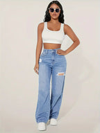 Damen weite Jeans mit modischen Rissdetails und hohem Bund R&B