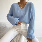 Damen lässiger Strickpullover mit weitem V-Ausschnitt und extra langen Ärmeln