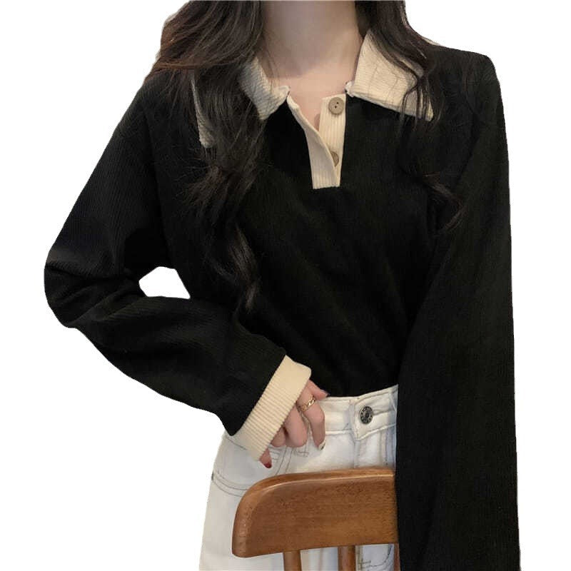 Damen Langarmshirt mit strukturierter Rippoptik und klassischem Polokragen