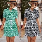 Damen Kurzarm Kleid mit modernem Muster und verstellbarem Taillenzug R&B