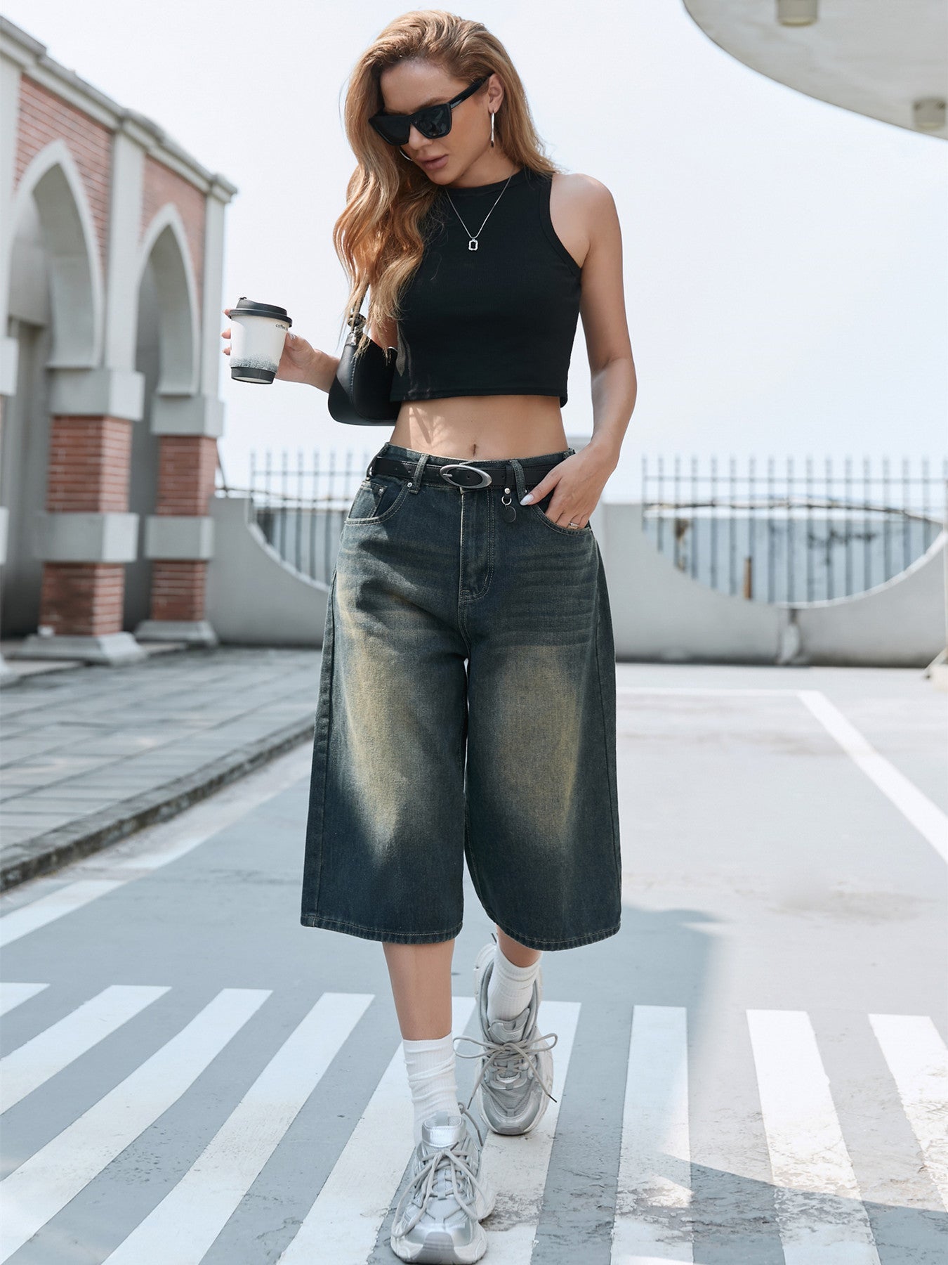 Damen Weite Denim-Culotte mit modischer Nackenbindung R&B