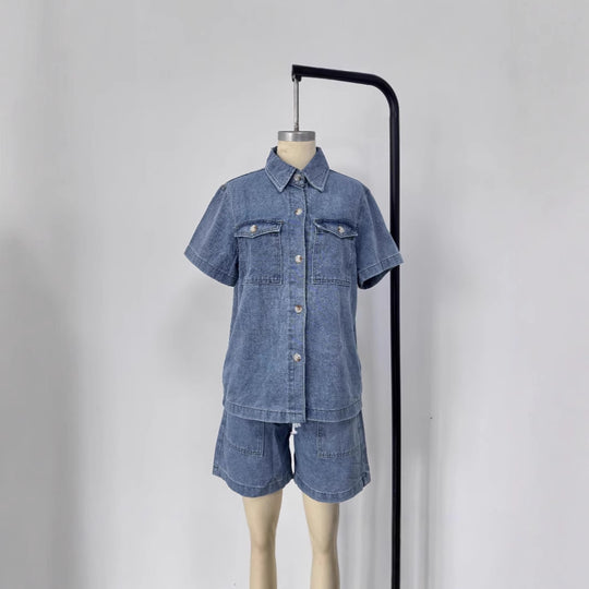 Damen Denim-Hemd und Shorts-Set im modischen Stil R&B