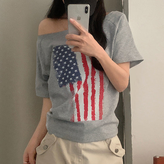 Damen lässiges T-Shirt mit amerikanischem Flaggen-Design und weichem Baumwollmaterial R&B