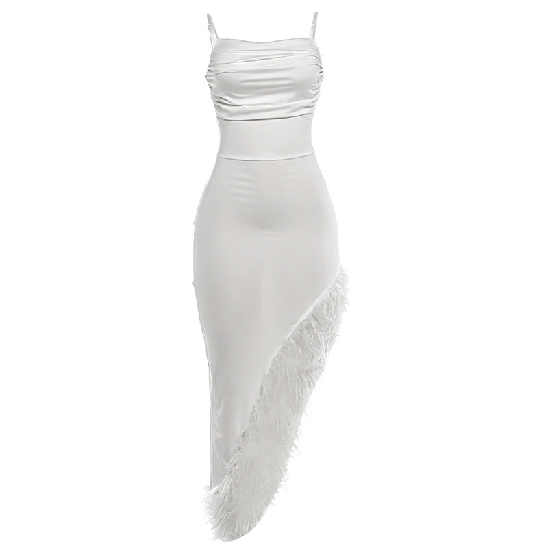 Damen Maxi Kleid mit elegantem Federbesatz R&B
