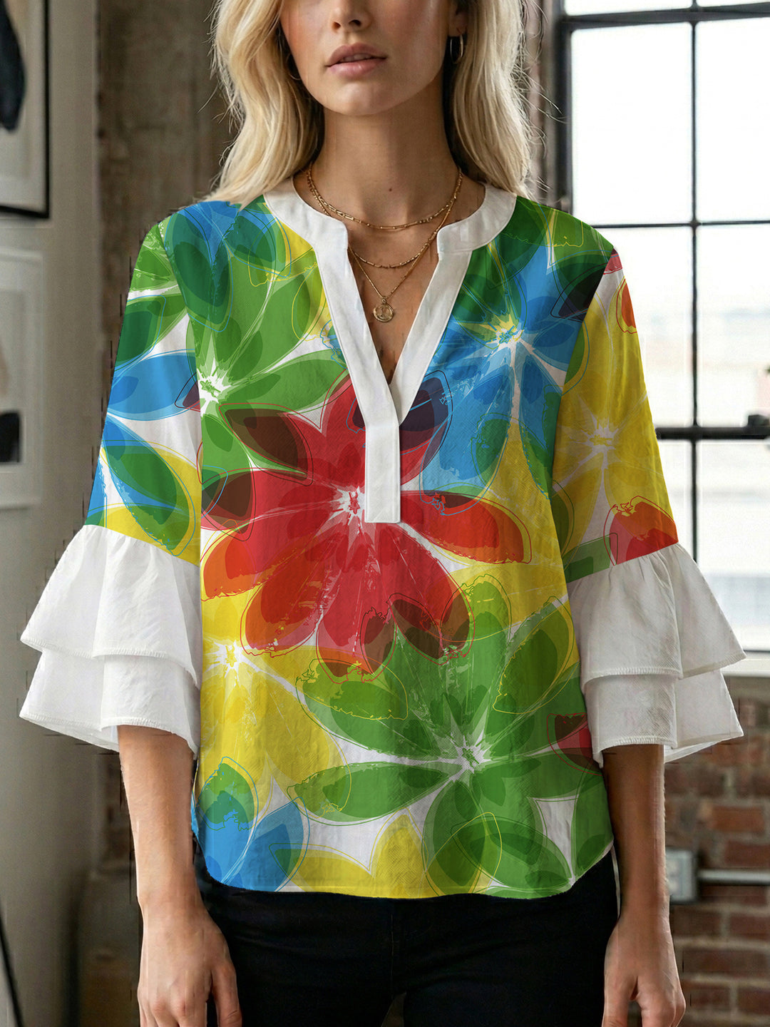 Damen Bluse mit voluminösen Rüschenärmeln und floralem Muster R&B