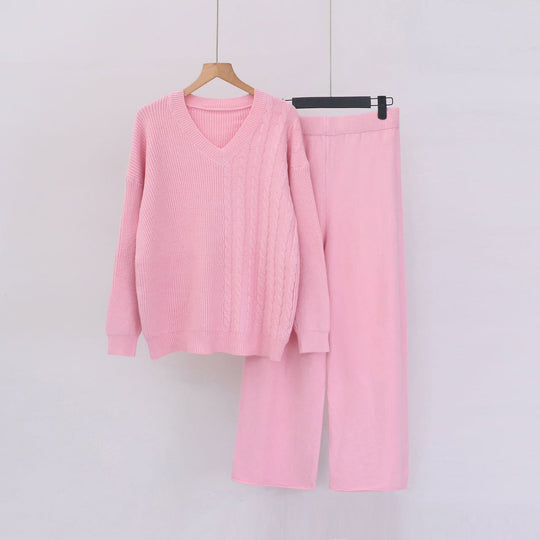 Damen Kuscheliges Strickensemble mit V-Ausschnitt und weitem Bein R&B
