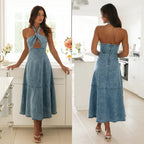 Damen lässiges Denim Maxikleid mit verspieltem Ausschnitt und Schnittdetails R&B