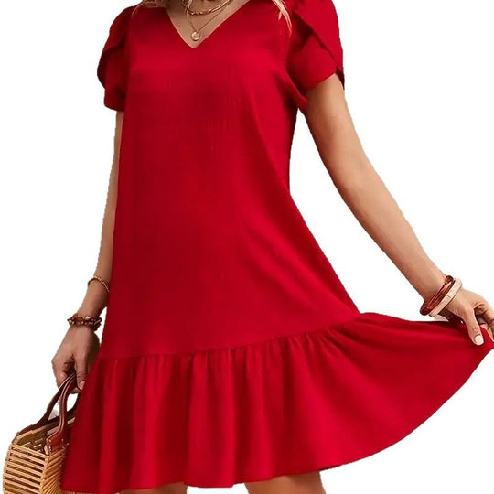 Damen Verspieltes V-Ausschnitt Kleid mit Rüschen und fließendem Schnitt R&B