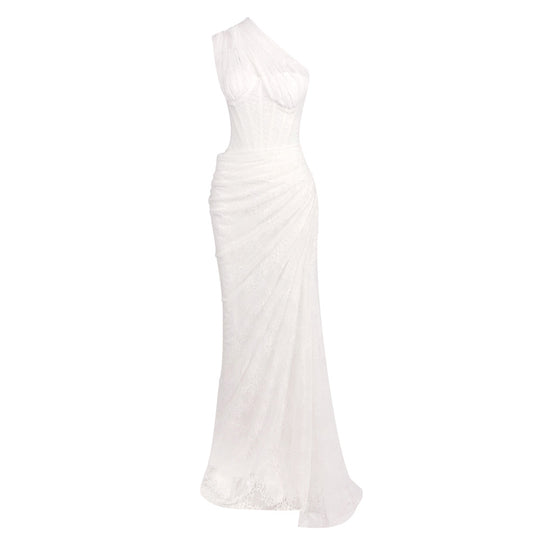 Damen elegantes Abendkleid mit asymmetrischem One-Shoulder-Design und floralem Spitzenbesatz R&B