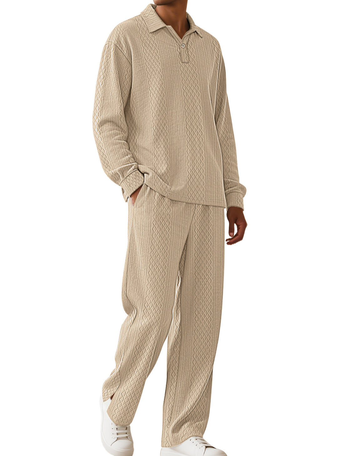 Herren nan Jacquard-Strickset mit Polokragen, legerer Passform und gerader Hose R&B