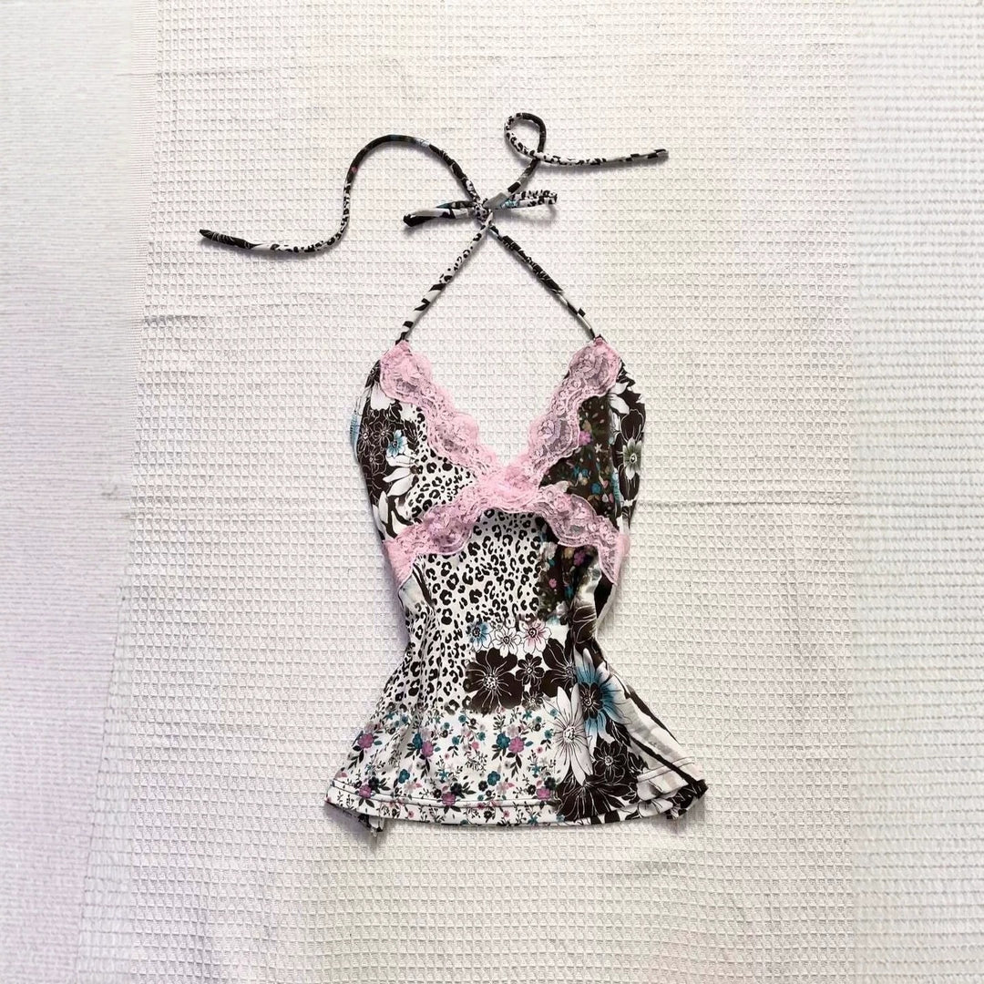 Damen Verspieltes Haltertop mit floralem und Leopardenmuster R&B