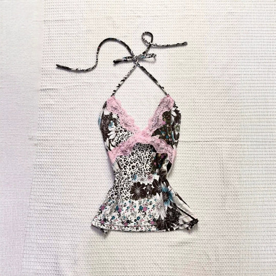 Damen Verspieltes Haltertop mit floralem und Leopardenmuster R&B
