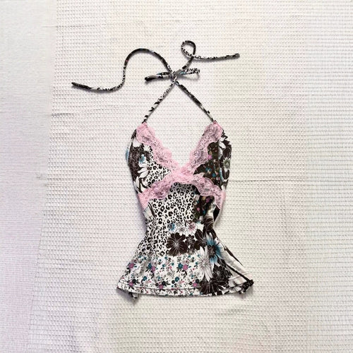Damen Verspieltes Haltertop mit floralem und Leopardenmuster R&B