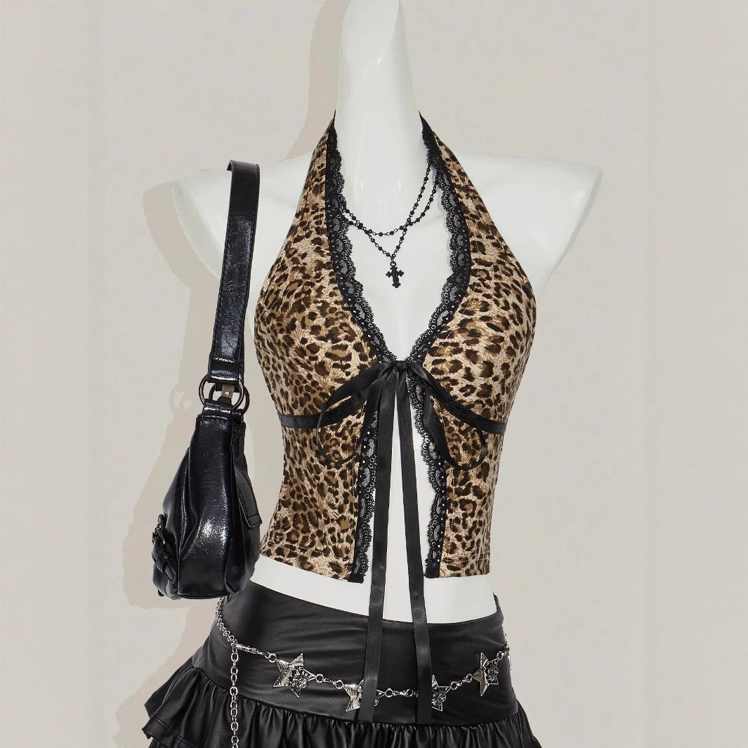 Damen Haltertop mit Spitzenverzierungen und Leopardenmuster R&B