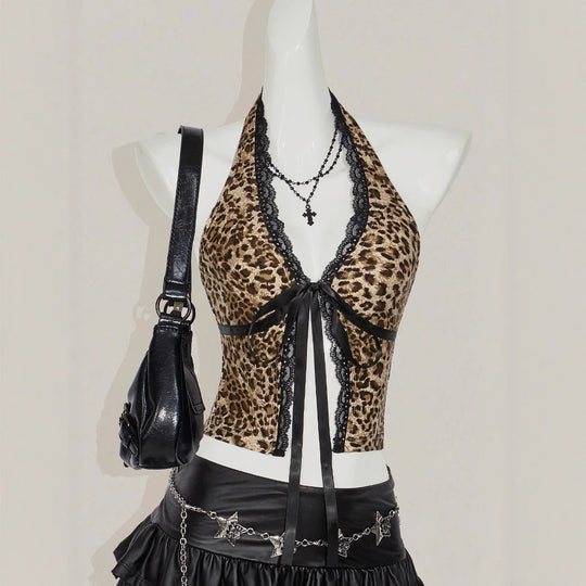 Damen Haltertop mit Spitzenverzierungen und Leopardenmuster R&B