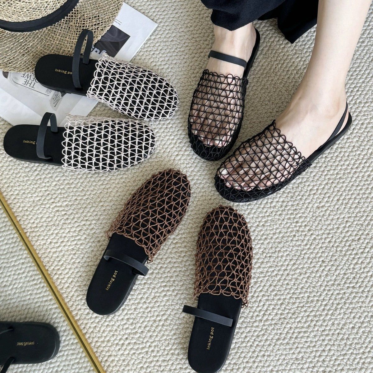 Damen offene Mules mit netzartigem Design und komfortablem Fußbett