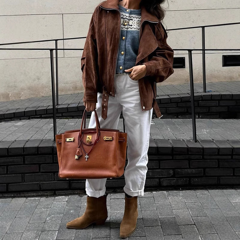 Damen modische Oversized Wildlederjacke R&B