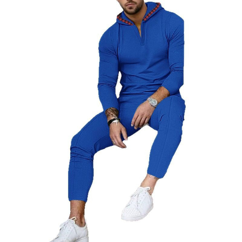 Herren nan Slim-Fit Waffel-Strick Kapuzen-Set mit Halbzip, kontrastgefütterter Kapuze und tapered Jogginghose R&B