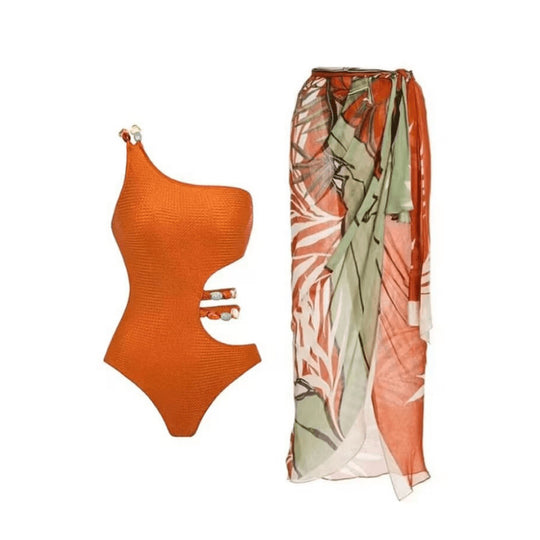 Damen Badeanzug-Set mit asymmetrischem Oberteil und elegantem Sarong R&B
