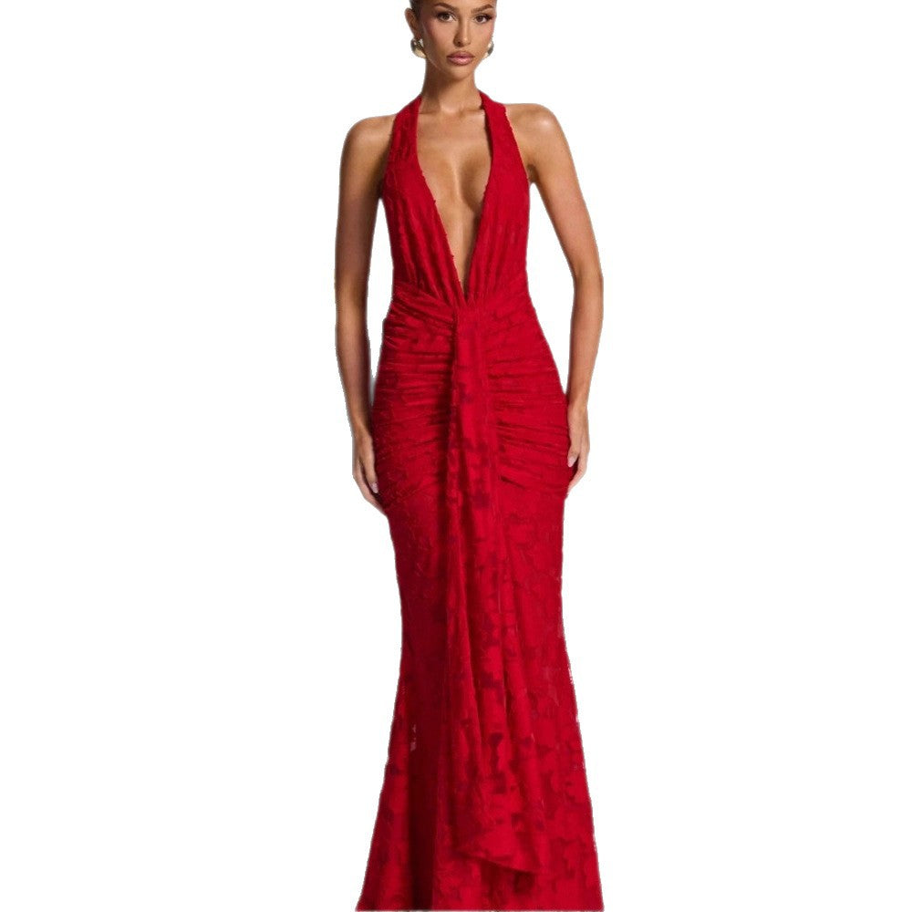 Damen Elegantes Maxikleid mit tiefem V-Ausschnitt und gerafftem Design R&B