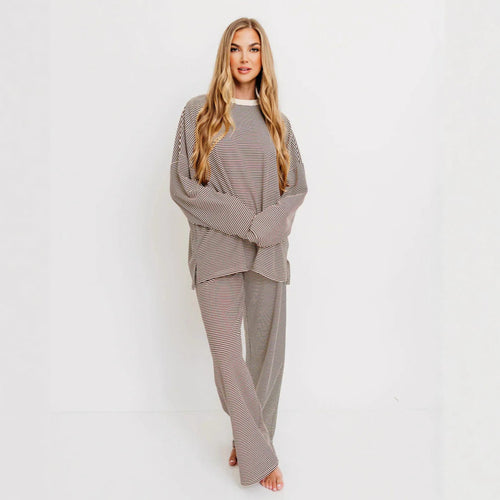 Damen nan gestreiftes Komfort-Set aus feinem Rippjersey mit Oversize-Pullover und weiter Bundhose R&B
