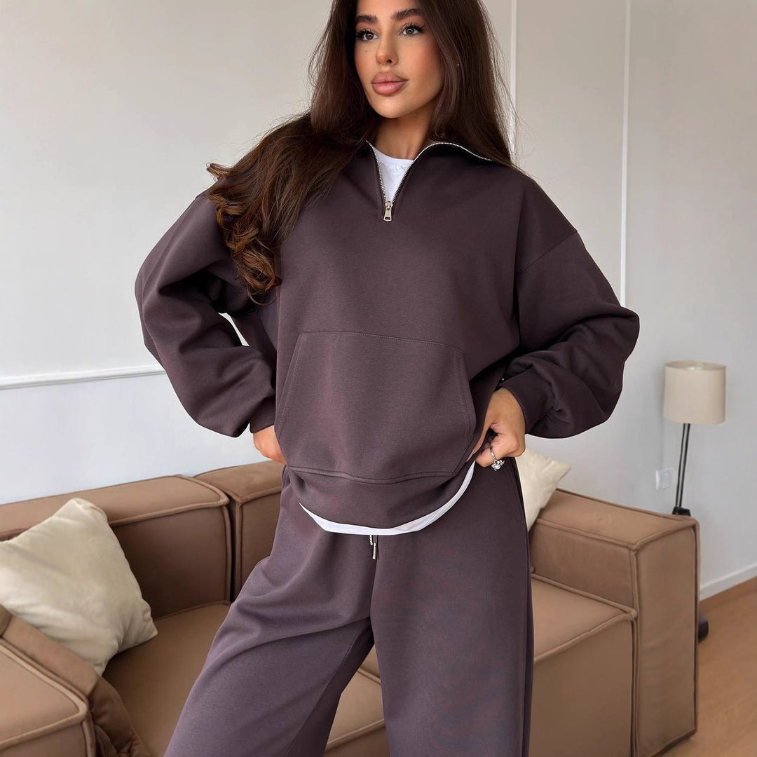 Damen lässiges Fleece-Set mit hochgeschlossenem Reißverschluss und weiten Beinen R&B