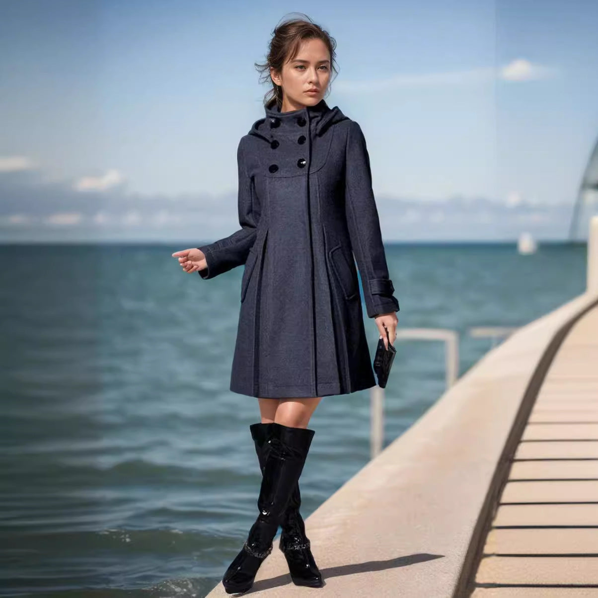Damen eleganter Wollmantel mit modernem Kragen und praktischen Taschen R&B