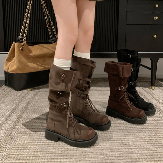 Damen Modische Overknee-Stiefel mit robustem Plateau und dekorativen Schnallen R&B