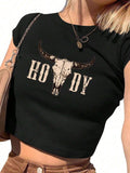 Damen Crop-T-Shirt mit kreativen Cow Skull Design R&B