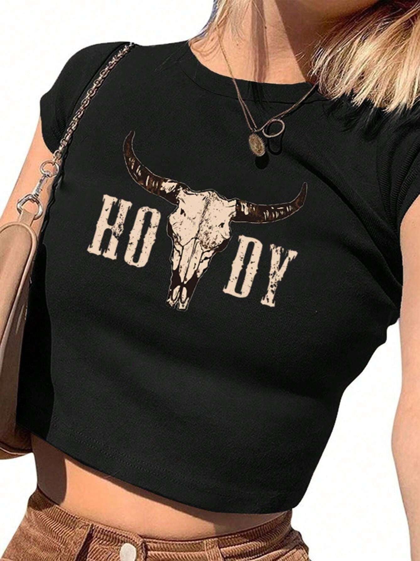 Damen Crop-T-Shirt mit kreativen Cow Skull Design R&B