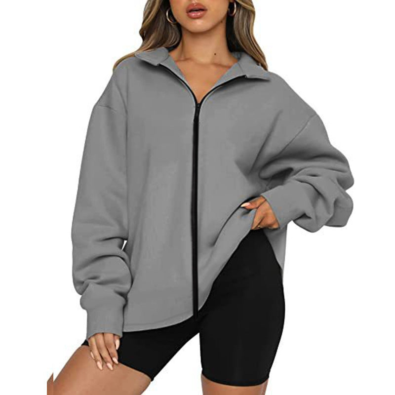 Damen Oversized Sweatjacke mit hohem Kragen und durchgehendem Reißverschluss R&B