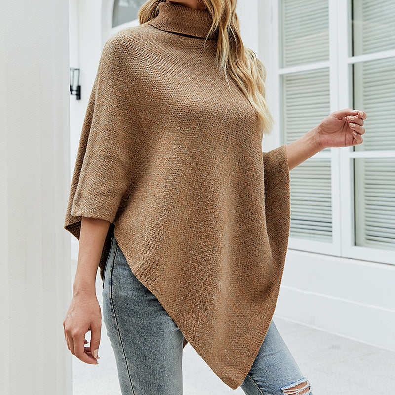 Damen Strickponcho mit hohem Kragen und dekorativen Knöpfen R&B