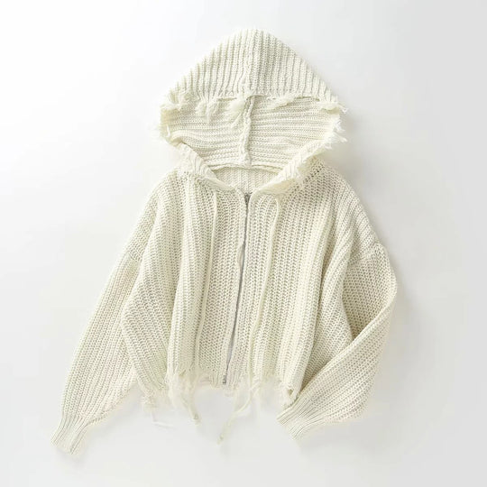 Damen lockerer Strickhoodie mit Übergroßer Kapuze und Fransen R&B