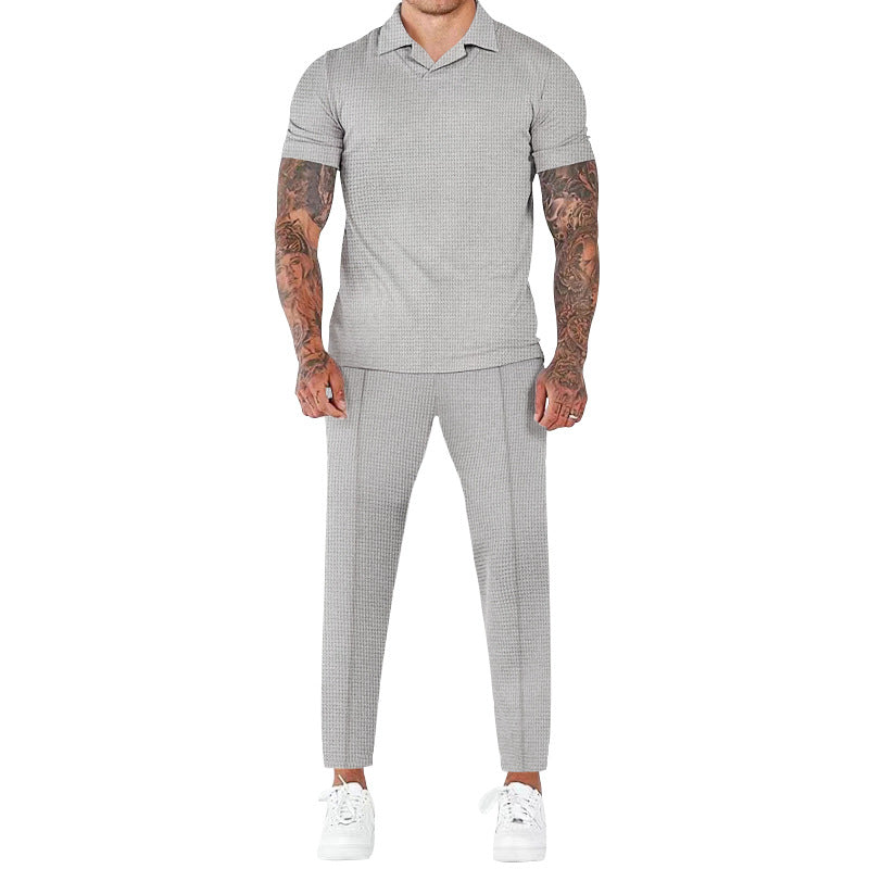 Herren elegantes Kurzarm-Hemd- und Hose-Set mit strukturiertem Design und komfortabler Passform R&B