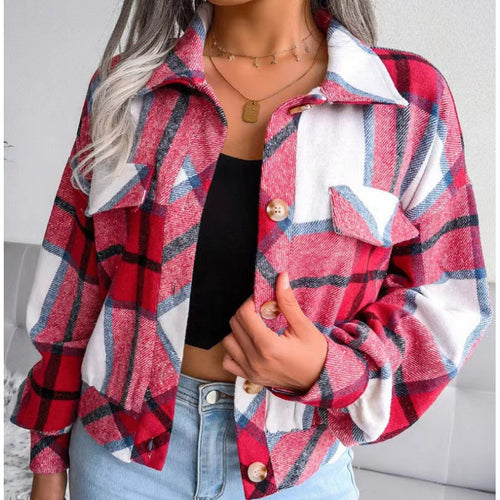 Damen karierte Flanelljacke mit Knopfverschluss und Brusttasche R&B