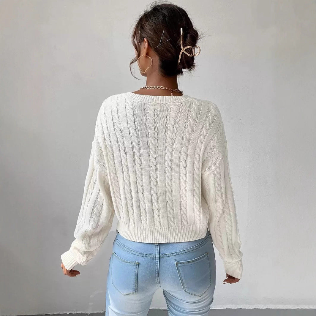 Damen Grobstrickpullover mit V-Ausschnitt und voluminösen Ärmeln R&B