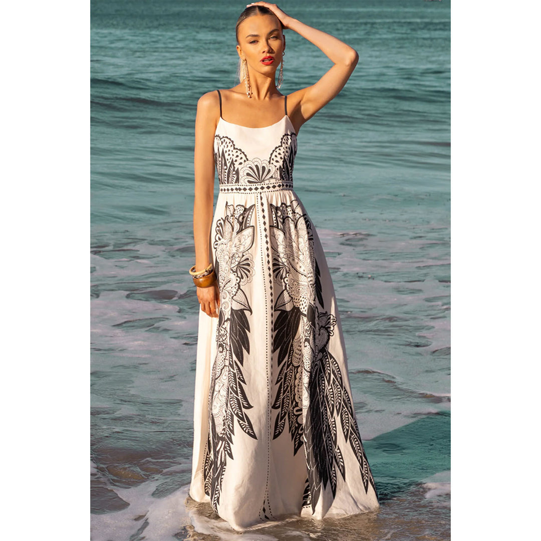 Damen Maxikleid mit feinen Trägern und künstlerischem grafikdruck R&B