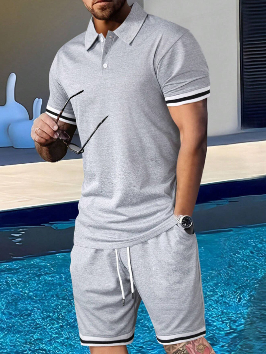 Herren sportliches Polo-Shirt und Shorts Set mit modernem Schnitt R&B