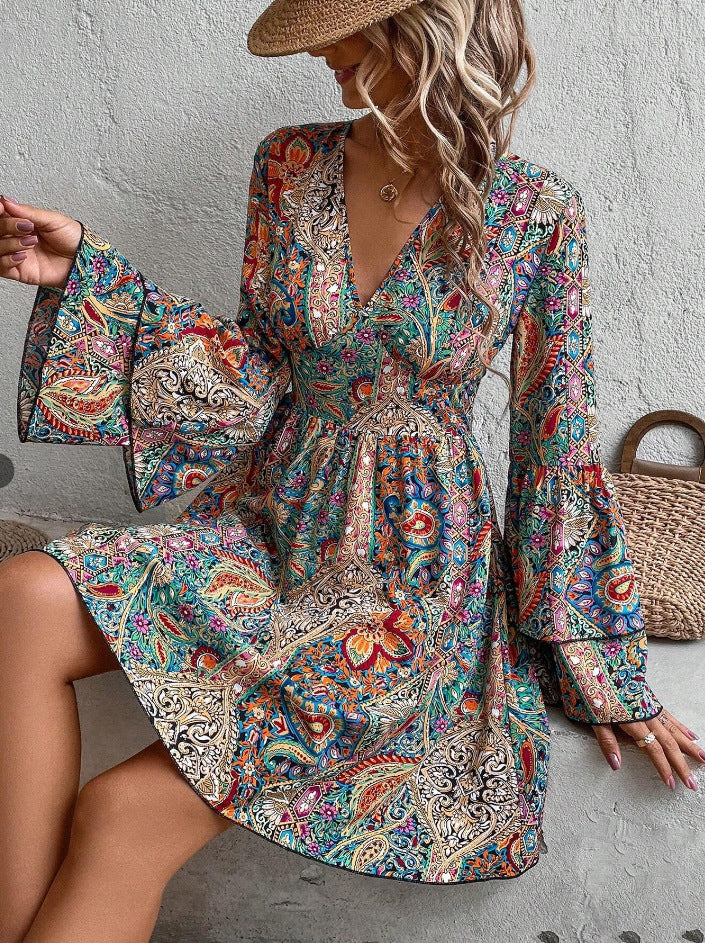 Damen V-Ausschnitt Kleid mit weiten Ärmeln und Paisleymuster R&B