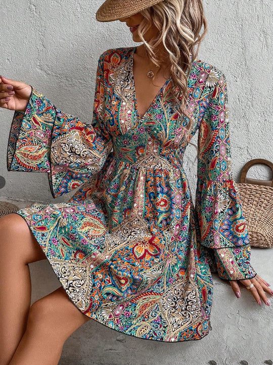 Damen V-Ausschnitt Kleid mit weiten Ärmeln und Paisleymuster R&B