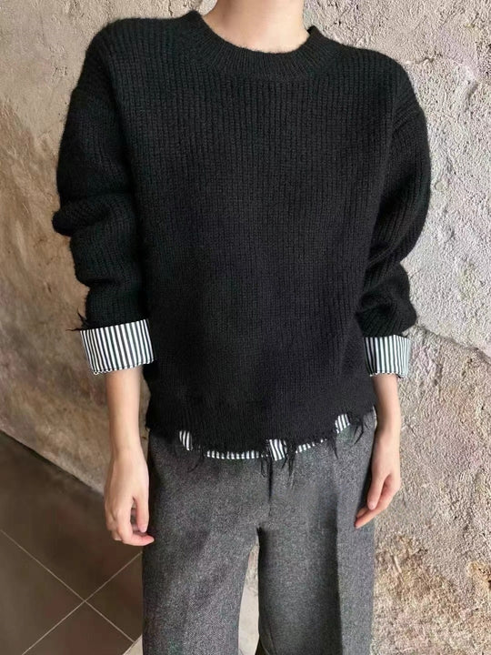 Damen Grob gestrickter Pullover mit einzigartigen Kontrastarmabschlüssen und lässigem Schnitt R&B
